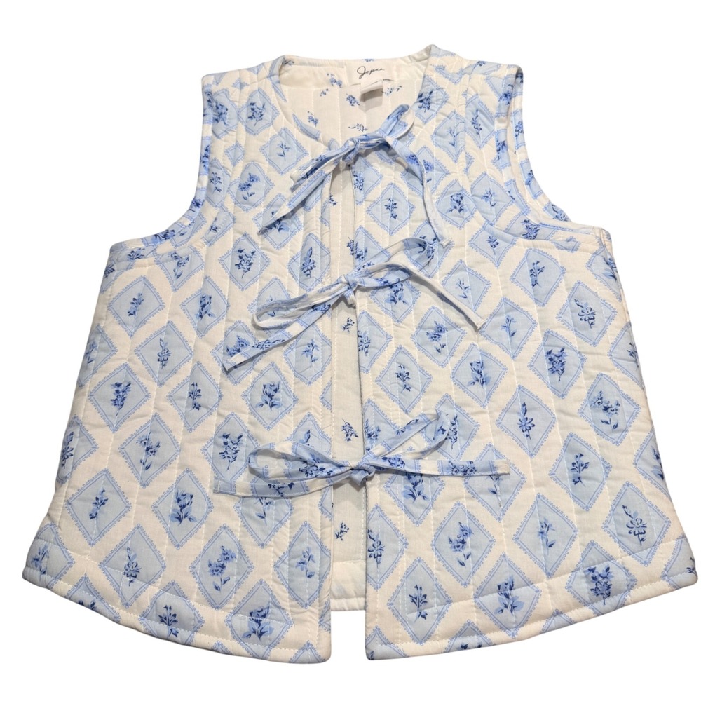 Quilted Floral Vest‎ Women XS Blue White Bow Front Tie Cottagecore Ditsy Flower
